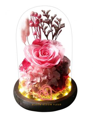 玫瑰綉球保鮮花玻璃罩(漸變粉紅色)