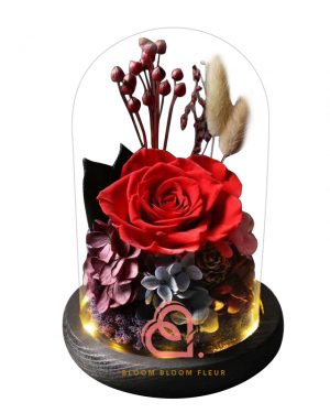 玫瑰綉球保鮮花玻璃罩(紅色)